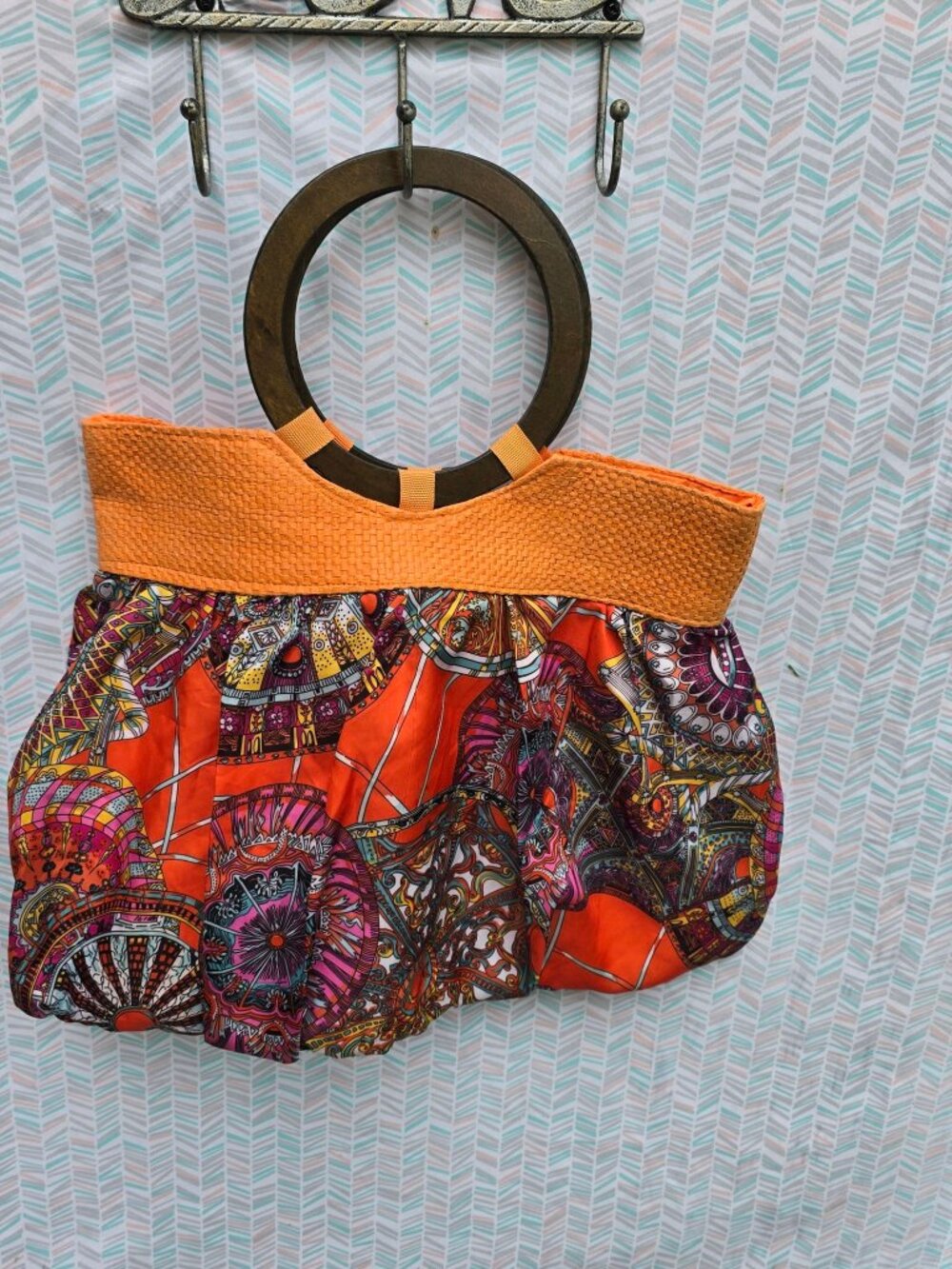 Orange Straw Top Handbag Wooden Circle Handles Colorful Ornate Print